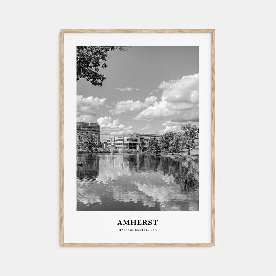 Amherst Massachusetts Campus Pond Reflection Black and White Poster