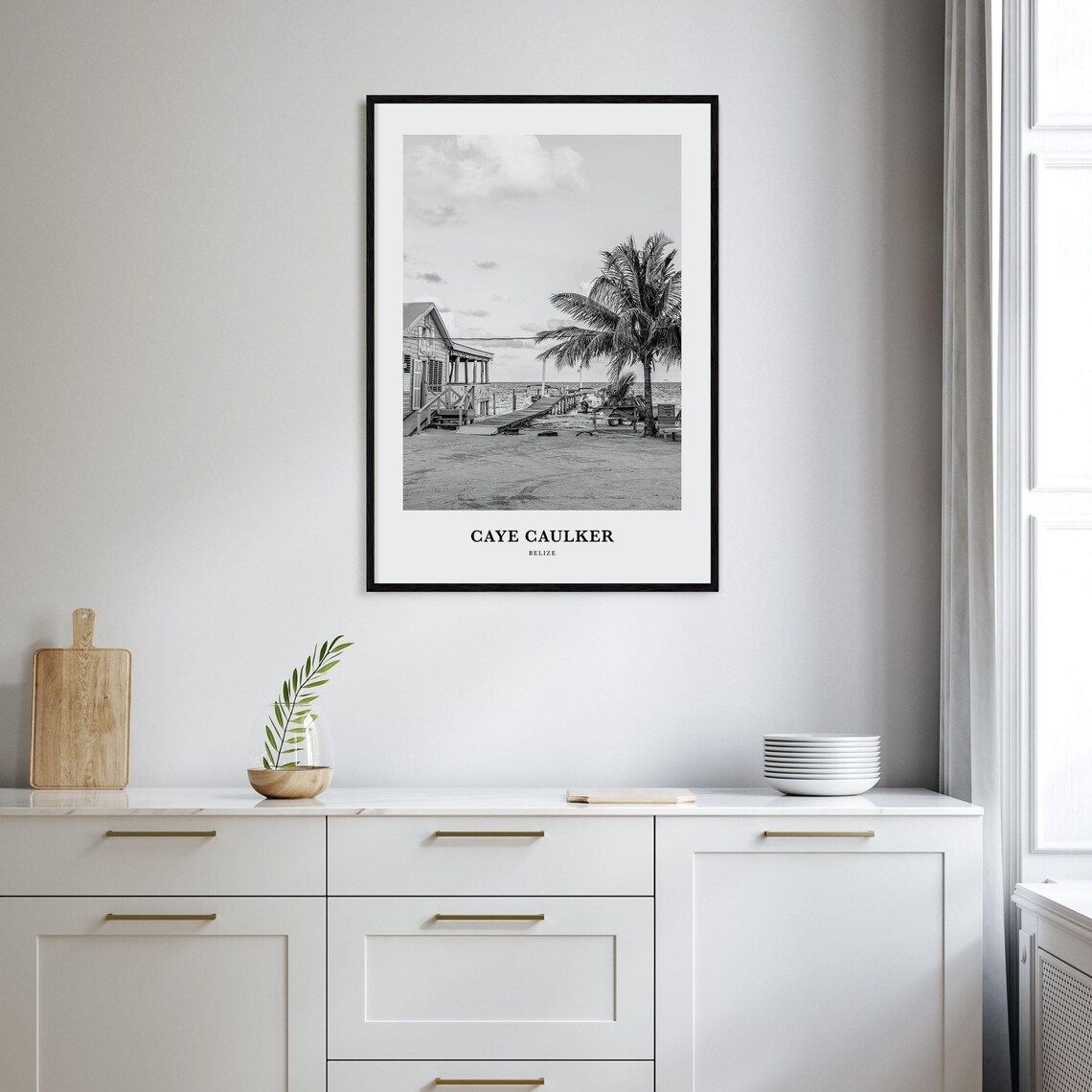 Caye Caulker Belize Beach Pier Palm Tree Black White Travel Poster - Image 2