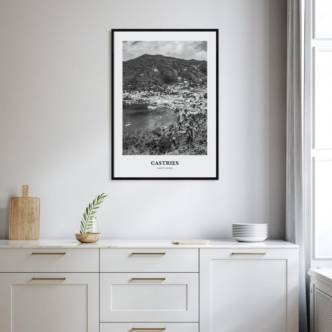 Castries Saint Lucia Harbor Hillside Black White Travel Poster - Image 2