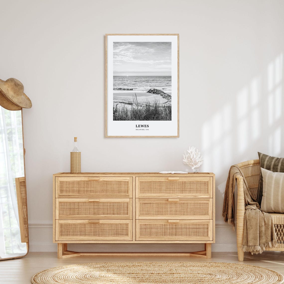 Lewes Delaware Black and White Beach Grass Ocean Sunset Poster - Image 3