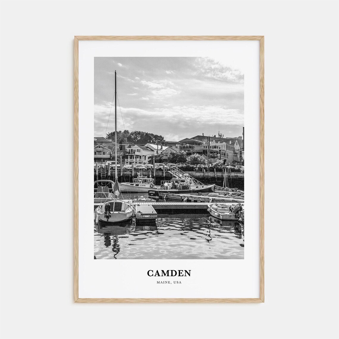 Camden Maine Harbor Sailboats Waterfront Black and White Poster