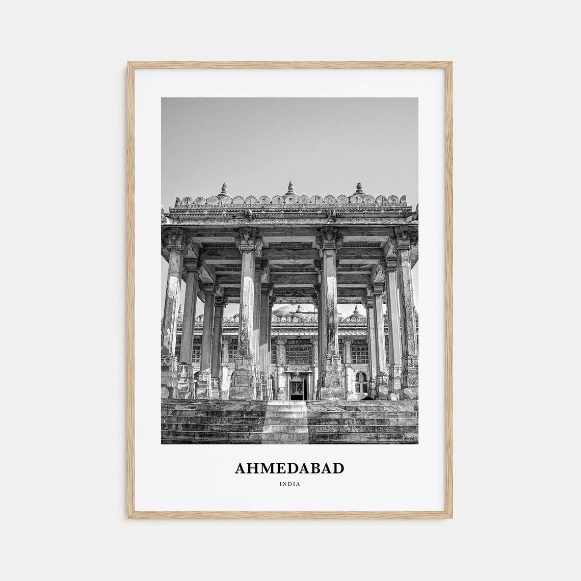 Ahmedabad Indian Temple Architecture Black and White Travel Poster
