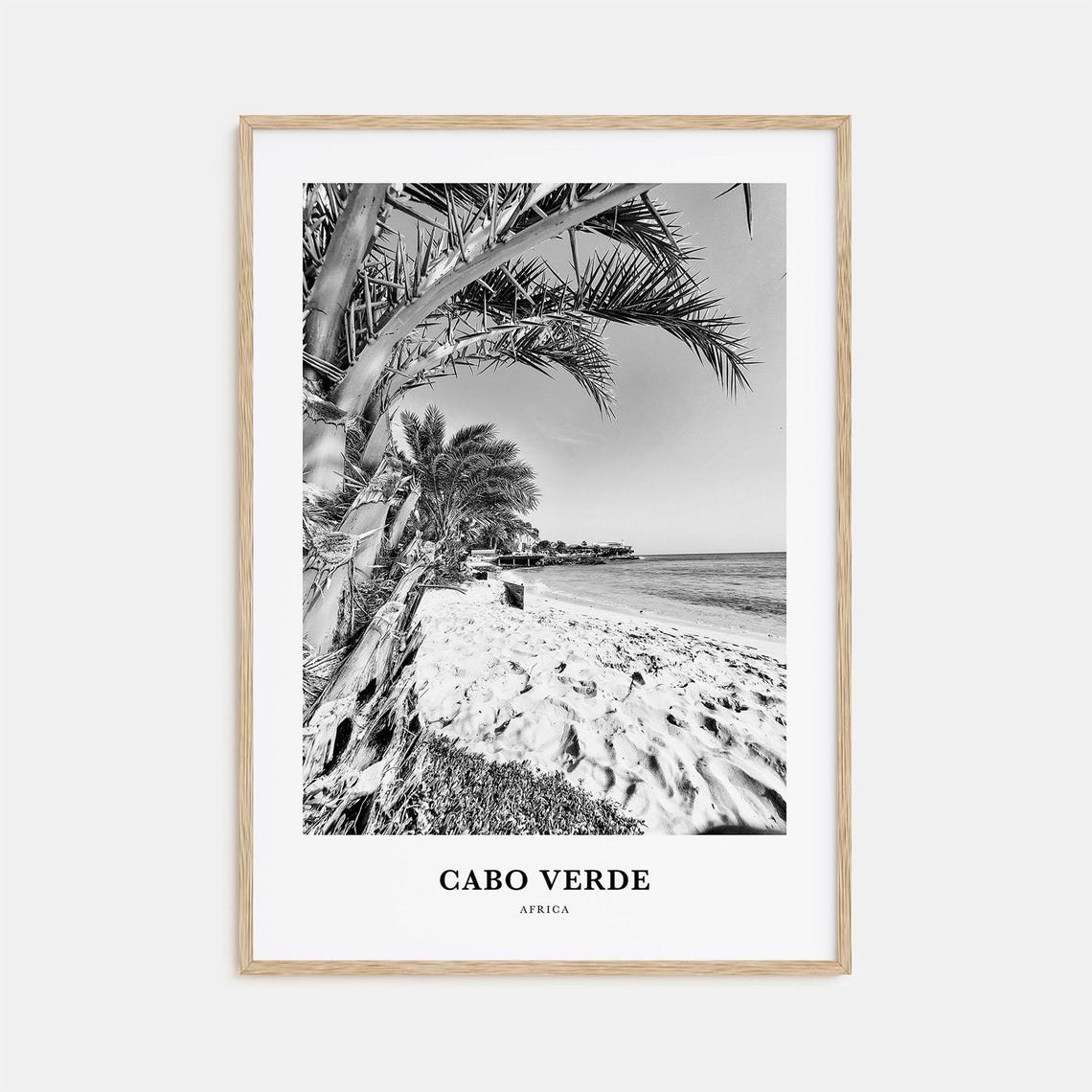 Cabo Verde Palm Framed Beach Shoreline Black and White Travel Poster