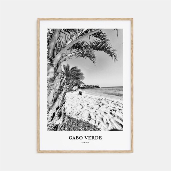 Cabo Verde Palm Framed Beach Shoreline Black and White Travel Poster