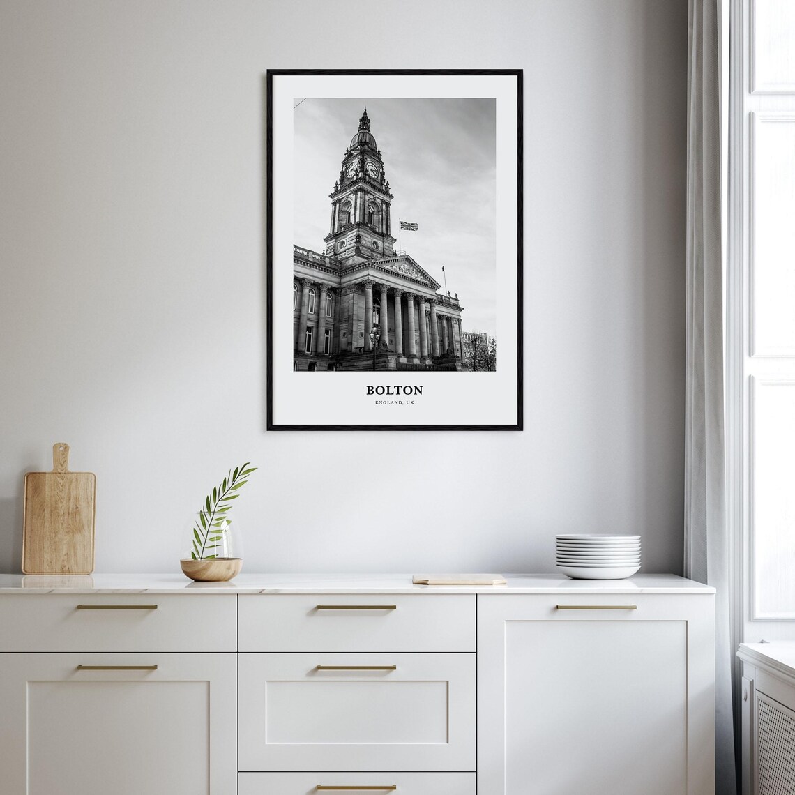 Bolton England Town Hall Clock Tower UK Black and White Travel Poster - Image 2