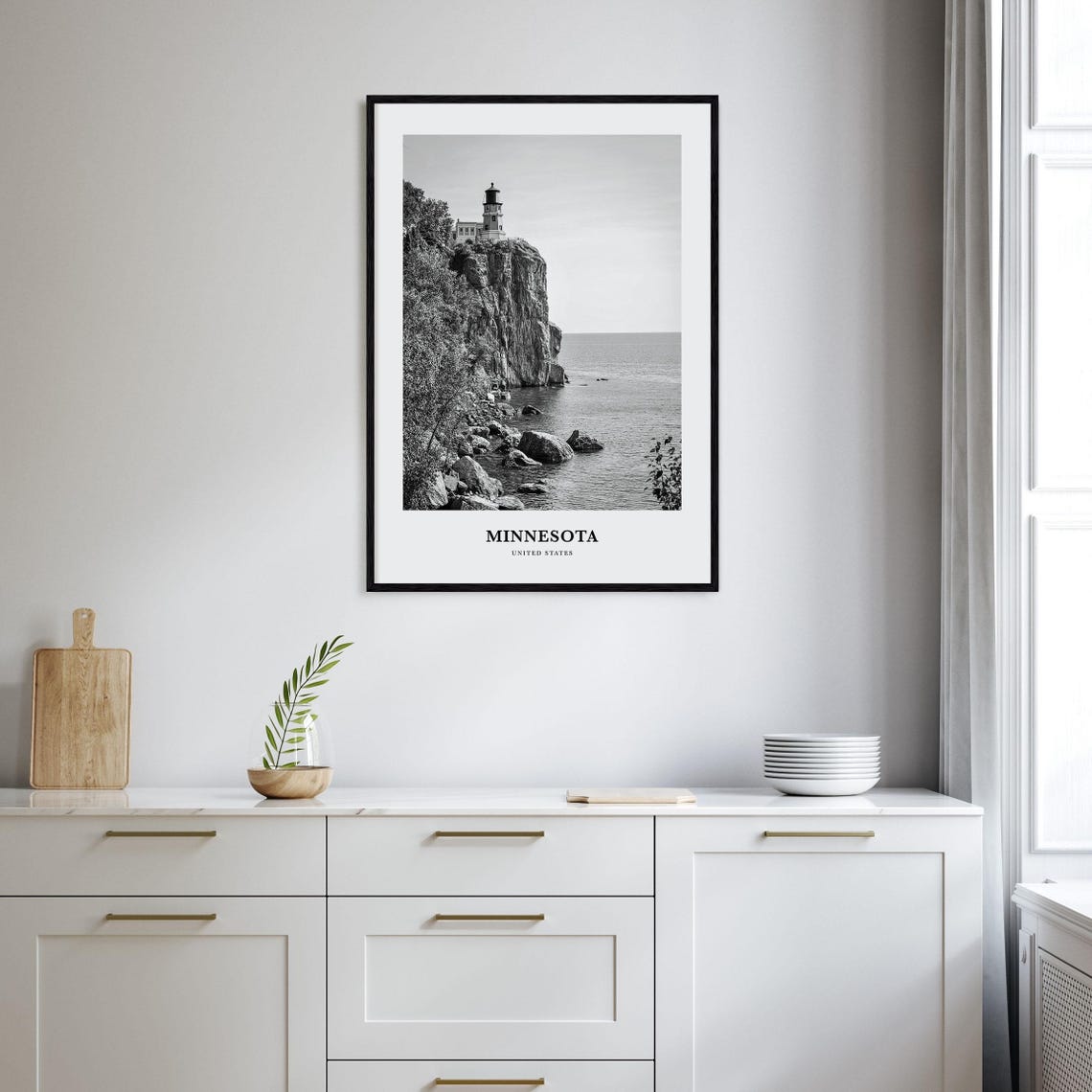 Minnesota Cliffside Lighthouse Black And White Coastal Scenery Poster - Image 2