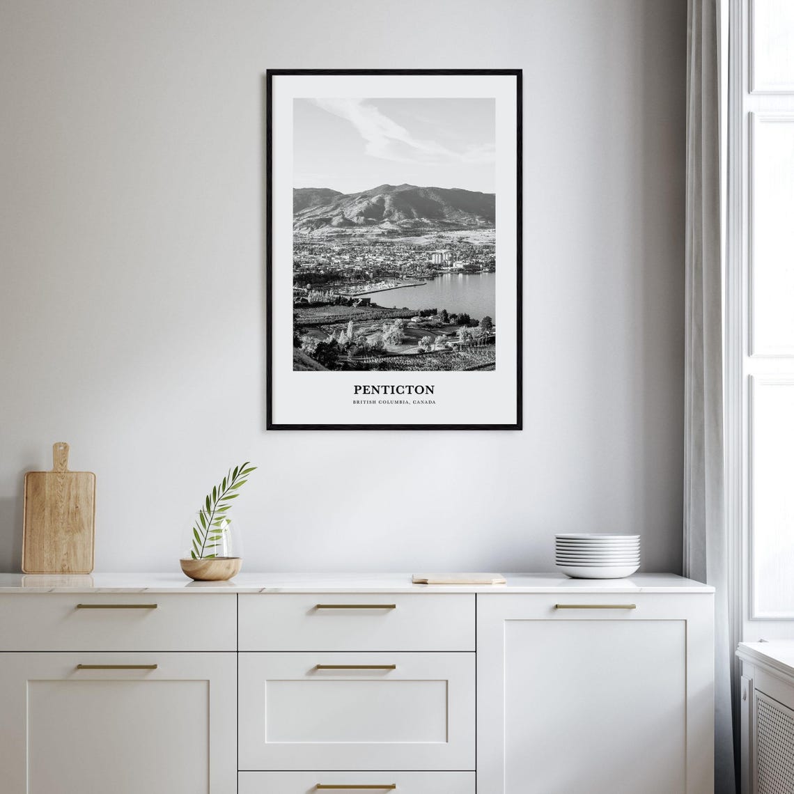 Penticton Okanagan Lake Mountain Town Black and White Canada Poster - Image 2