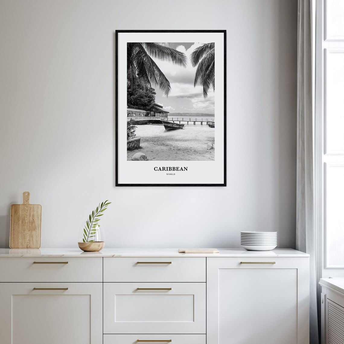 Caribbean Sandy Beach Fishing Boat Pier Black White Travel Poster - Image 2