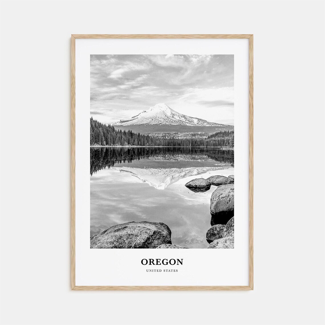 Oregon Snow Capped Mountain Lake Reflection Black White Nature Poster