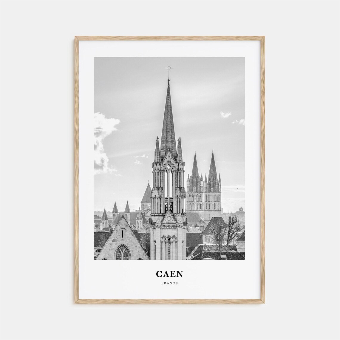 Caen France Gothic Church Spires Skyline Black and White Poster