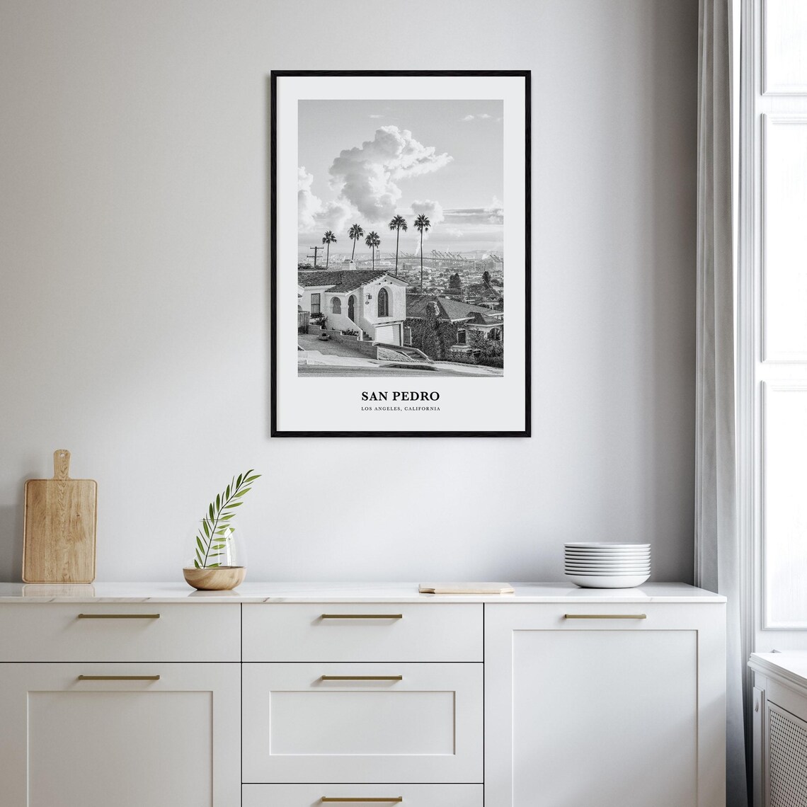 San Pedro Los Angeles Harbor View Hillside Homes Black White Poster - Image 2