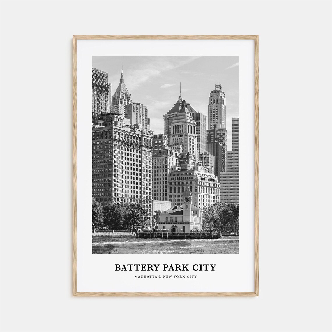 Battery Park City Manhattan Skyline From The Water Black White Poster