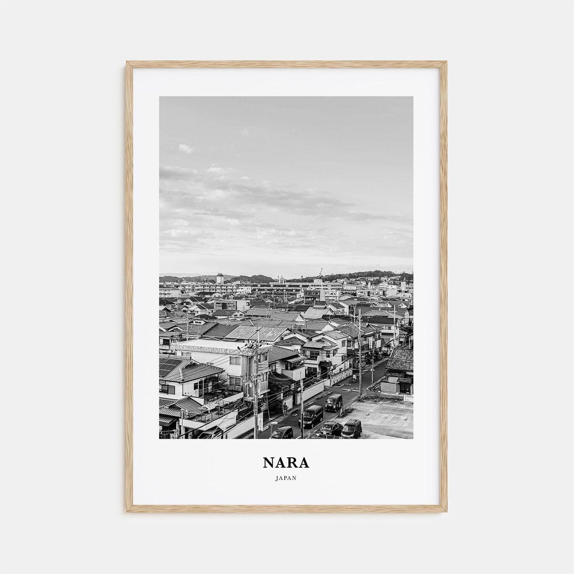 Nara Japan City Rooftops Aerial View Black And White Travel Poster