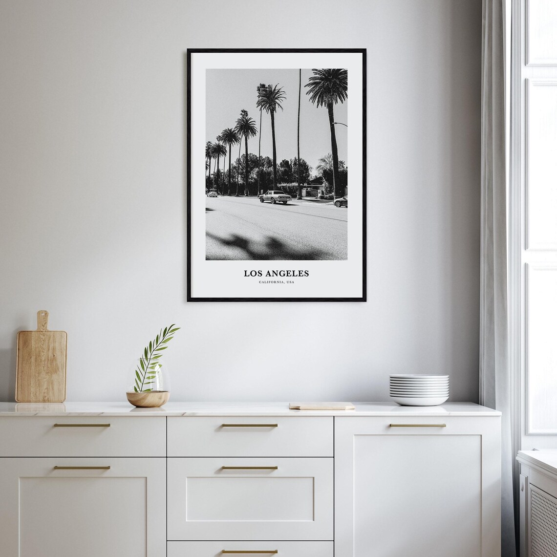 Los Angeles Palm-Lined Street with Vintage Car Black and White Poster - Image 2