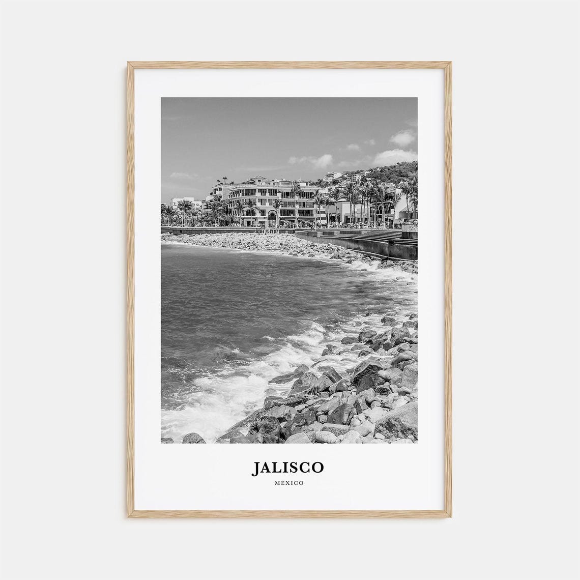 Jalisco Mexico Rocky Seaside Boardwalk Black and White Poster