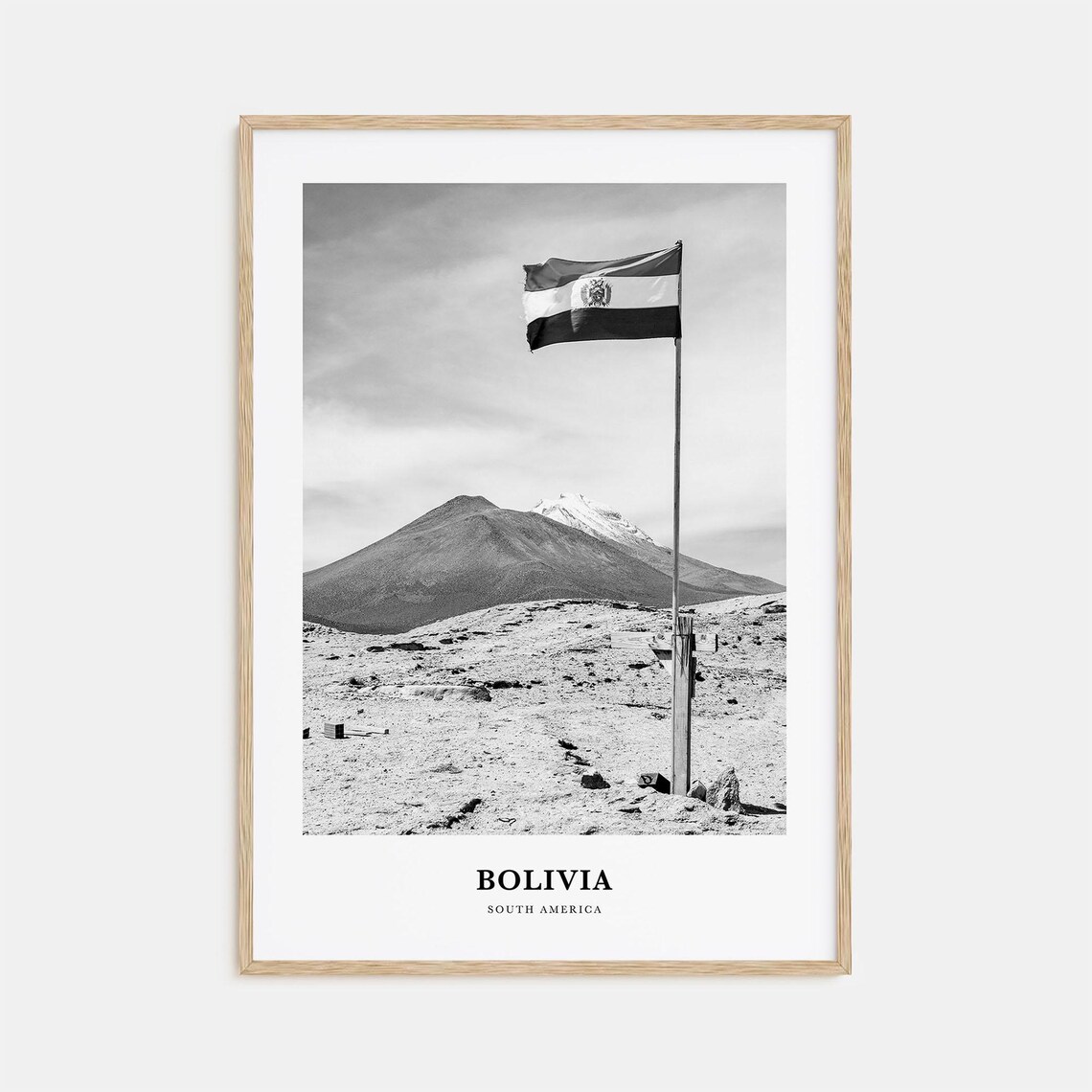 Bolivia Flag Andean Snow Capped Volcano South America Black and White Poster