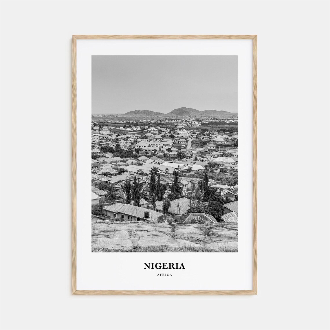 Nigeria Africa Black and White Hillside Town Skyline Photo Poster
