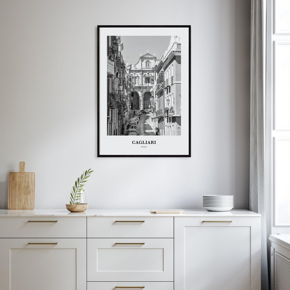 Cagliari Italy Old Town Street Historic Church Monochrome Poster - Image 2
