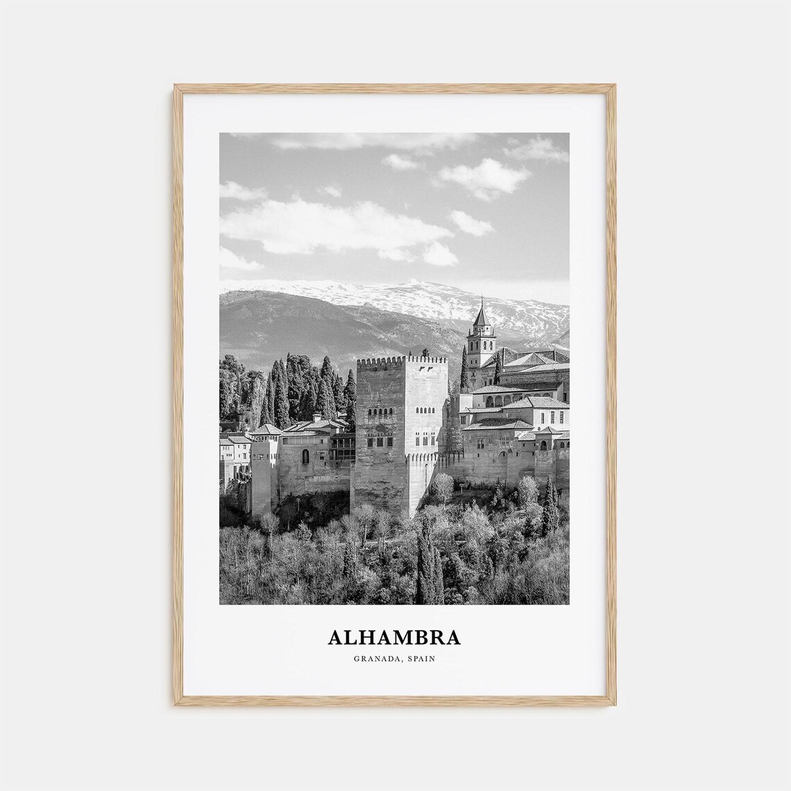 Alhambra Palace Granada Spain Black and White Historic Travel Poster