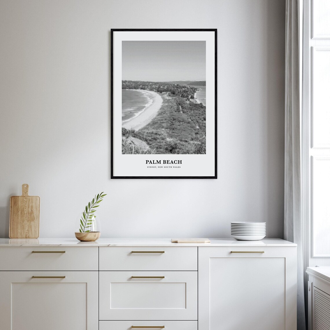 Palm Beach Sydney Curved Bay Aerial Black and White Beach Poster - Image 2