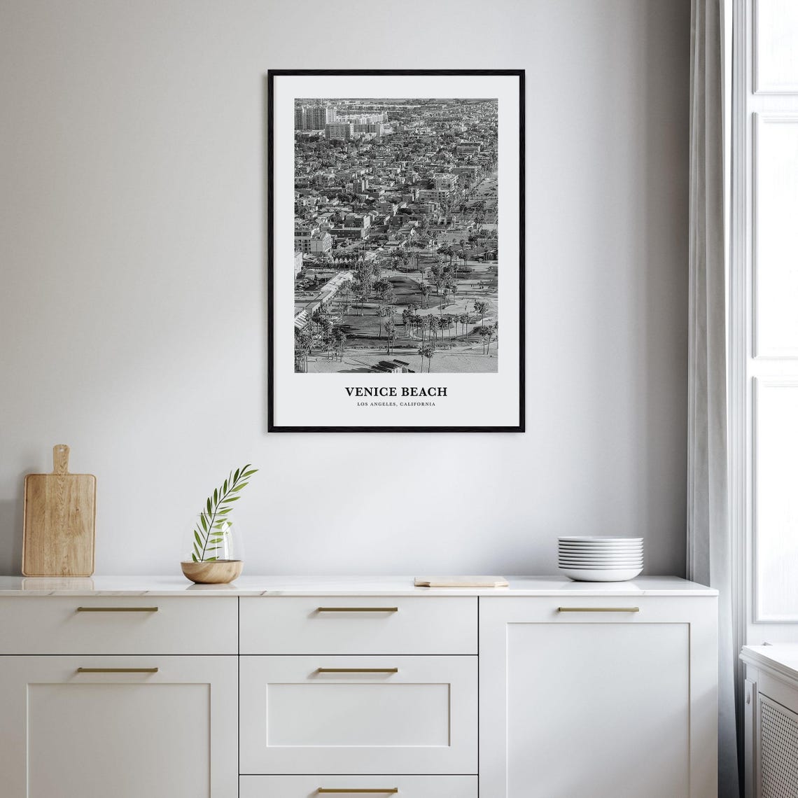 Venice Beach Los Angeles Boardwalk Aerial Palms Black and White Poster - Image 2