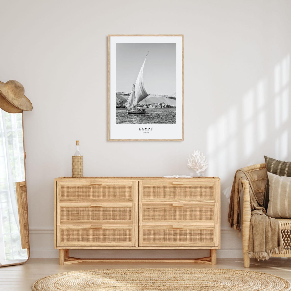 Egypt Felucca Sailboat Gliding on the Nile River Near Cliffs Poster - Image 3