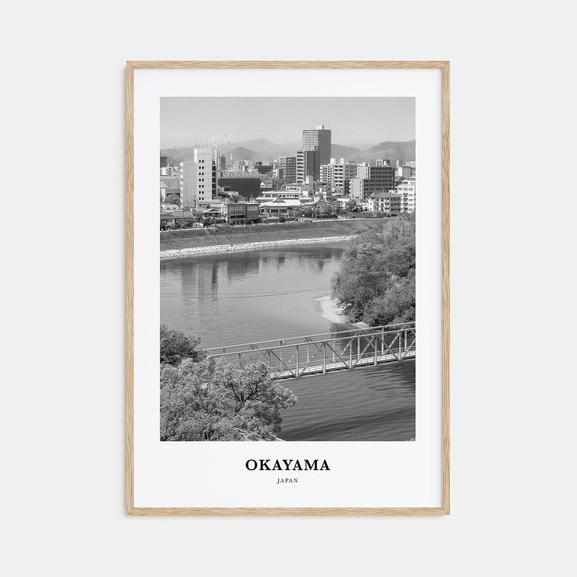 Okayama Japan River Bridge and City Skyline Black White Photo Poster