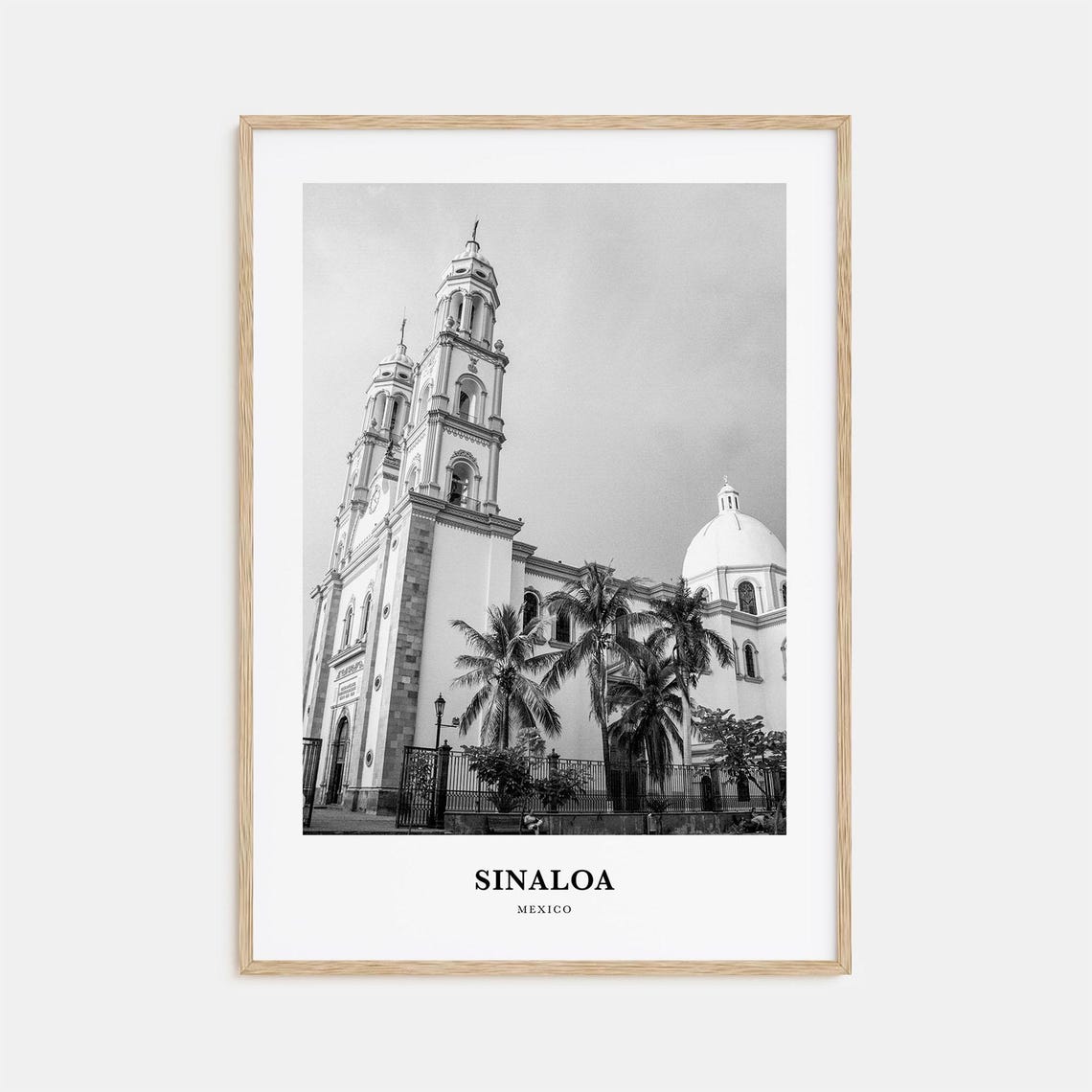 Sinaloa Mexico Cathedral Palms Black and White Colonial Poster