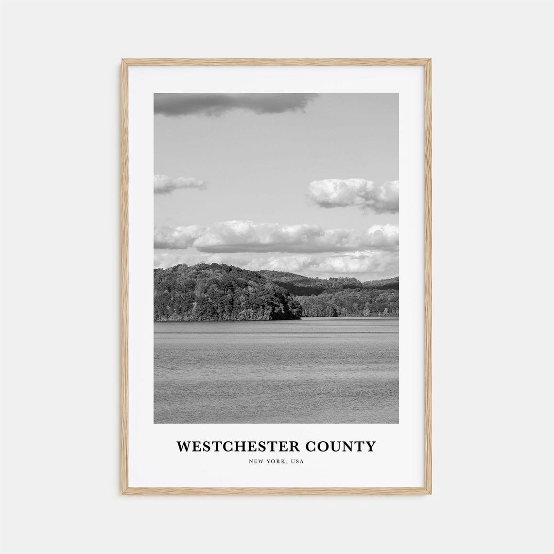 Westchester County Lake View Wooded Hills Black and White Poster