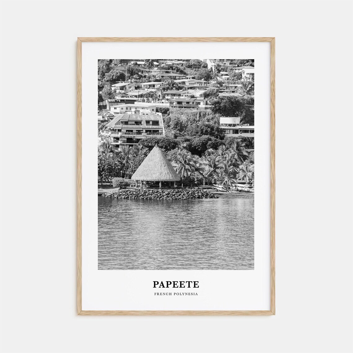Papeete French Polynesia Waterfront Thatched Hut Black White Poster