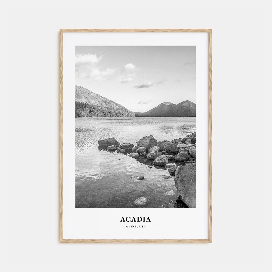 Acadia Maine Rocky Lake Shore Black and White National Park Poster