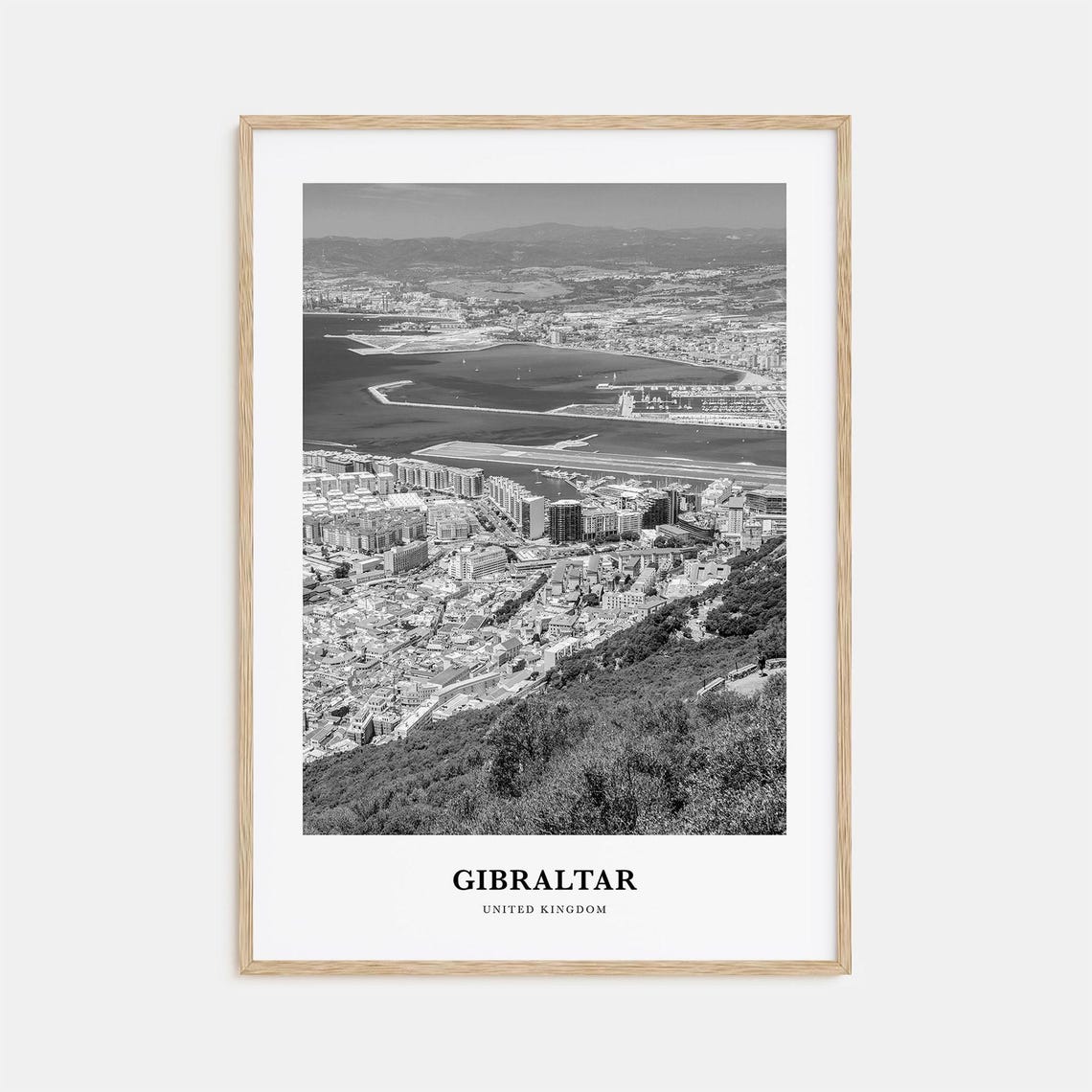 Gibraltar United Kingdom Aerial Bay Harbor Black and White Poster