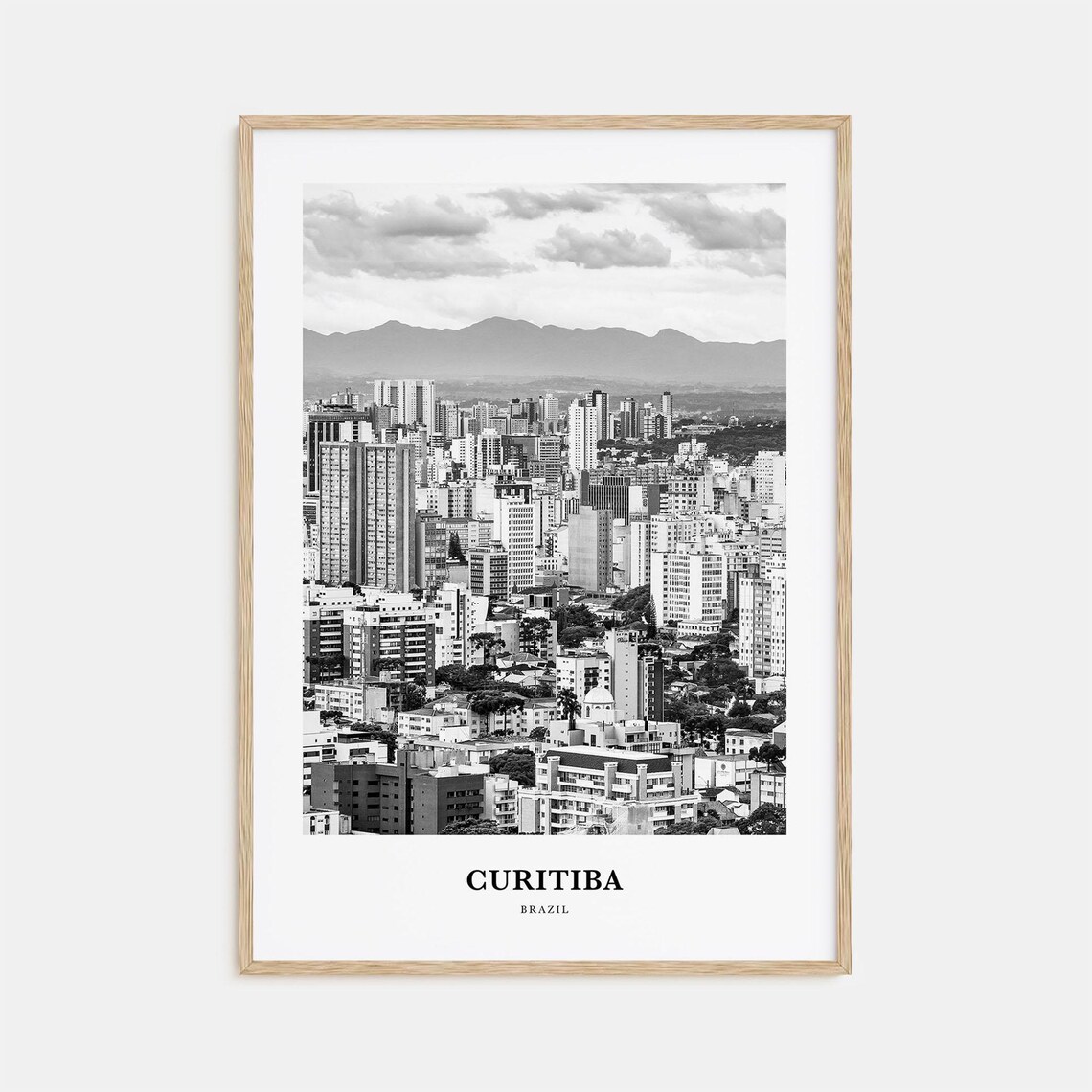 Curitiba Brazil Black and White City Skyline Mountains Travel Poster