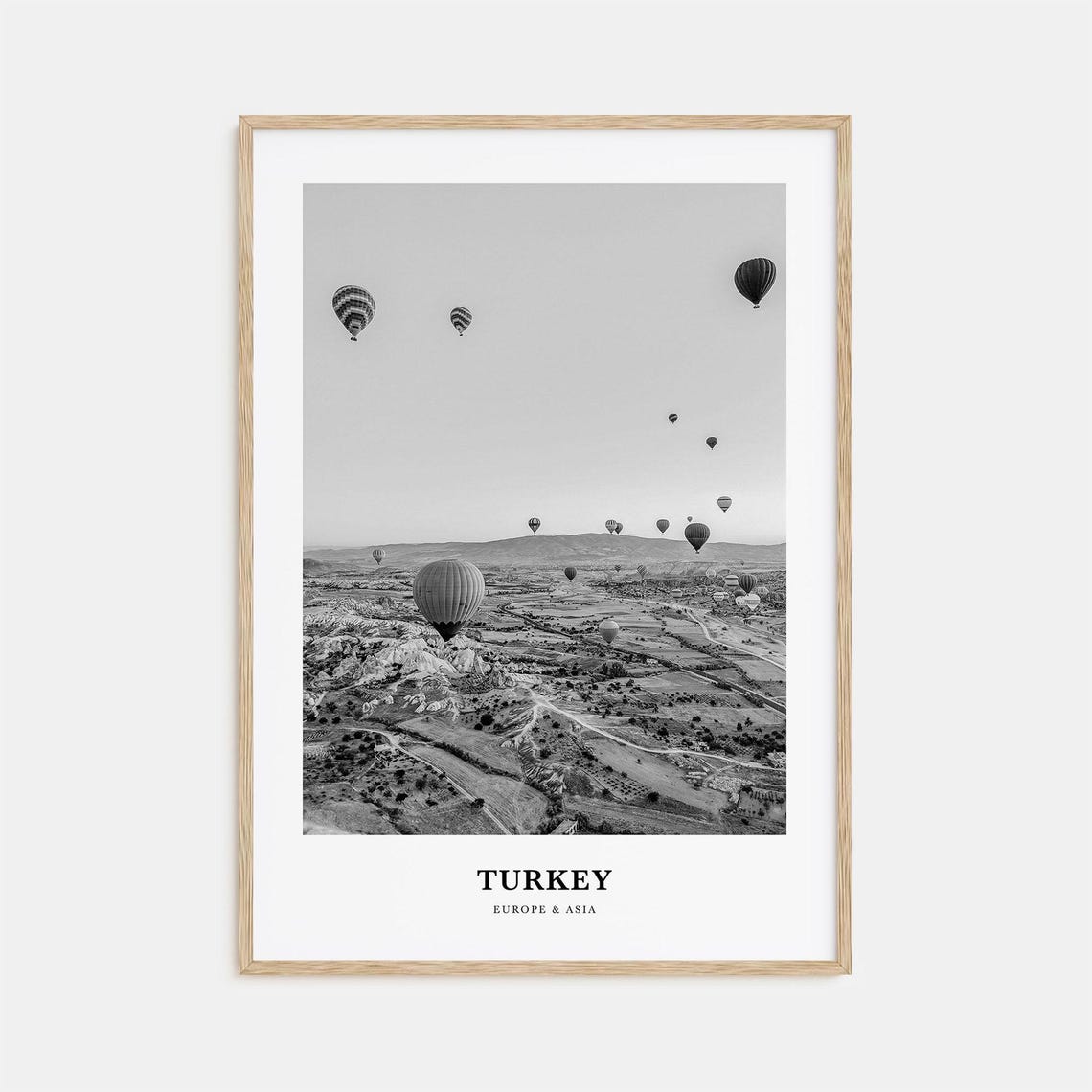Turkey Cappadocia Hot Air Balloons Aerial Black and White Poster
