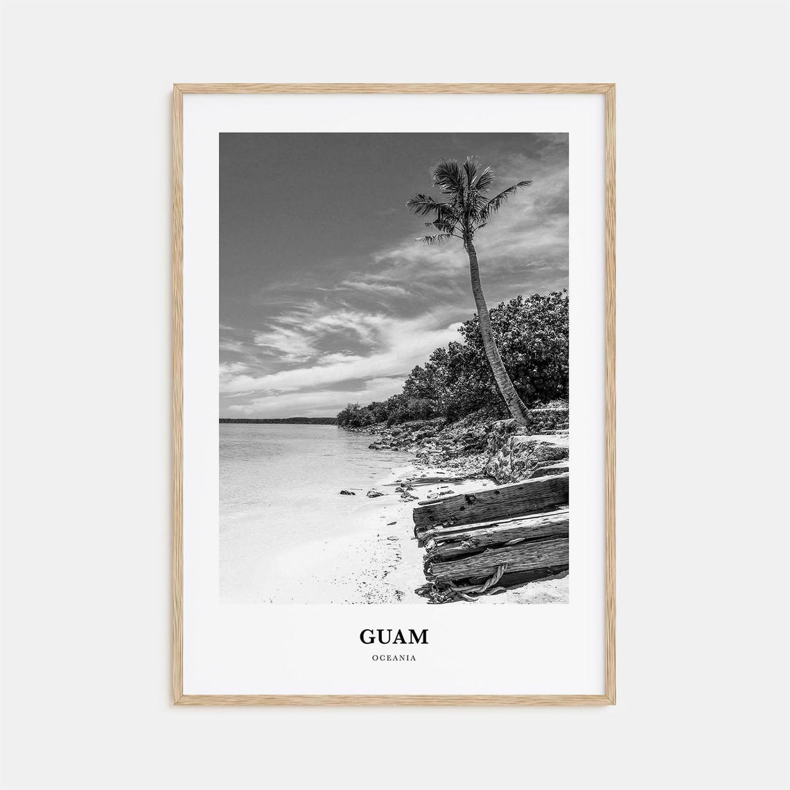 Guam Palm Tree Beach Shoreline Oceania Black And White Travel Poster