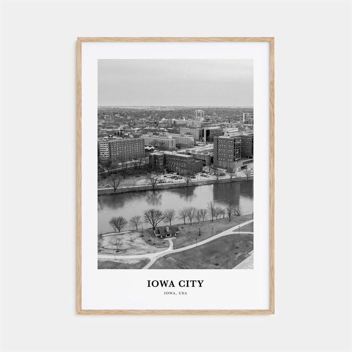 Iowa City River Aerial Campus Parks Black and White Photo Print