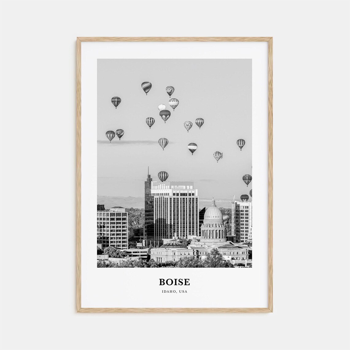 Boise Idaho Skyline Hot Air Balloons Black and White Travel Poster