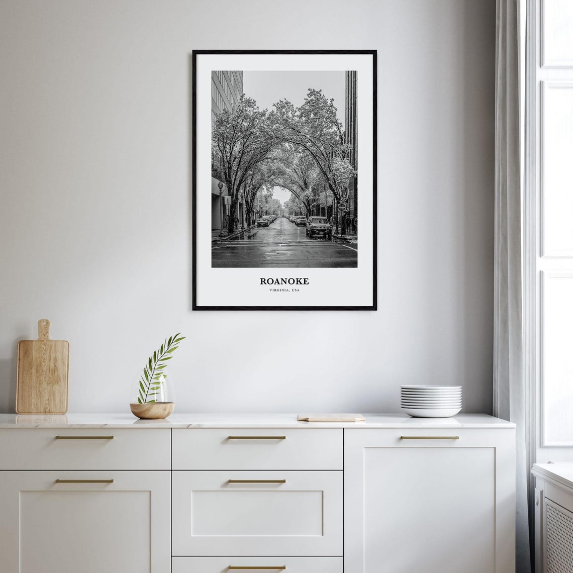Roanoke Virginia Tree Lined Downtown Street Black White Photo Poster - Image 2