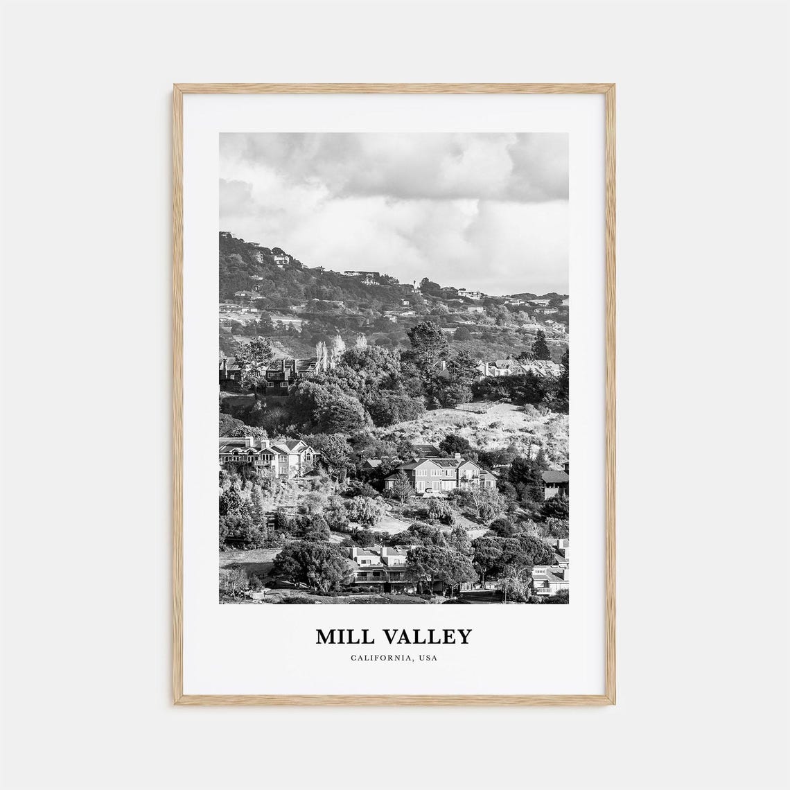 Mill Valley California Hillside Homes Black And White Scenery Poster