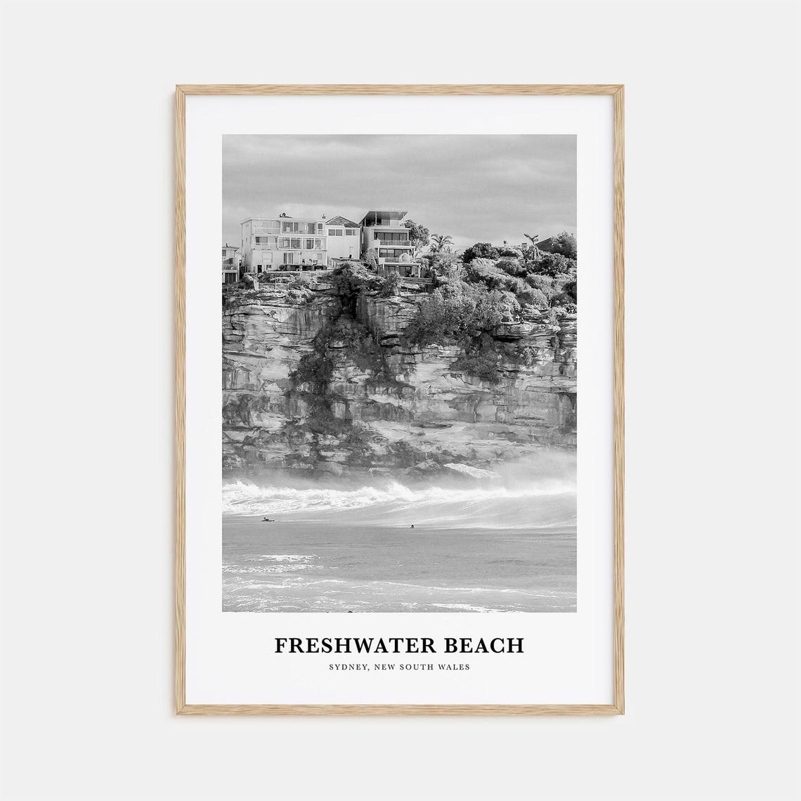 Freshwater Beach Sydney Cliffs Black and White Travel Poster