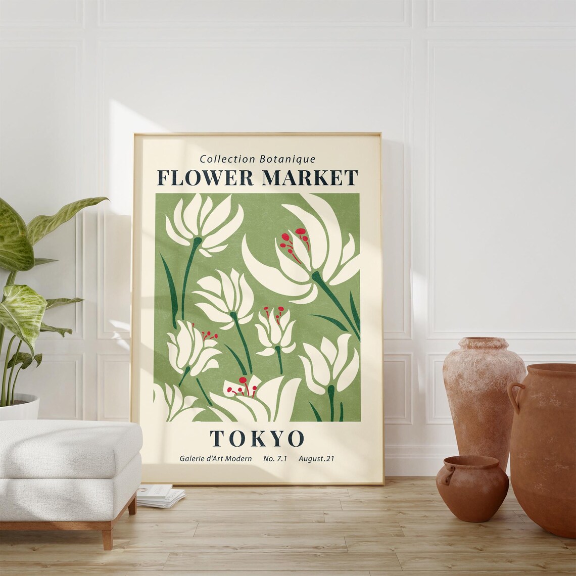 Flower Market Tokyo White Lilies Green Botanical Vintage Style Poster