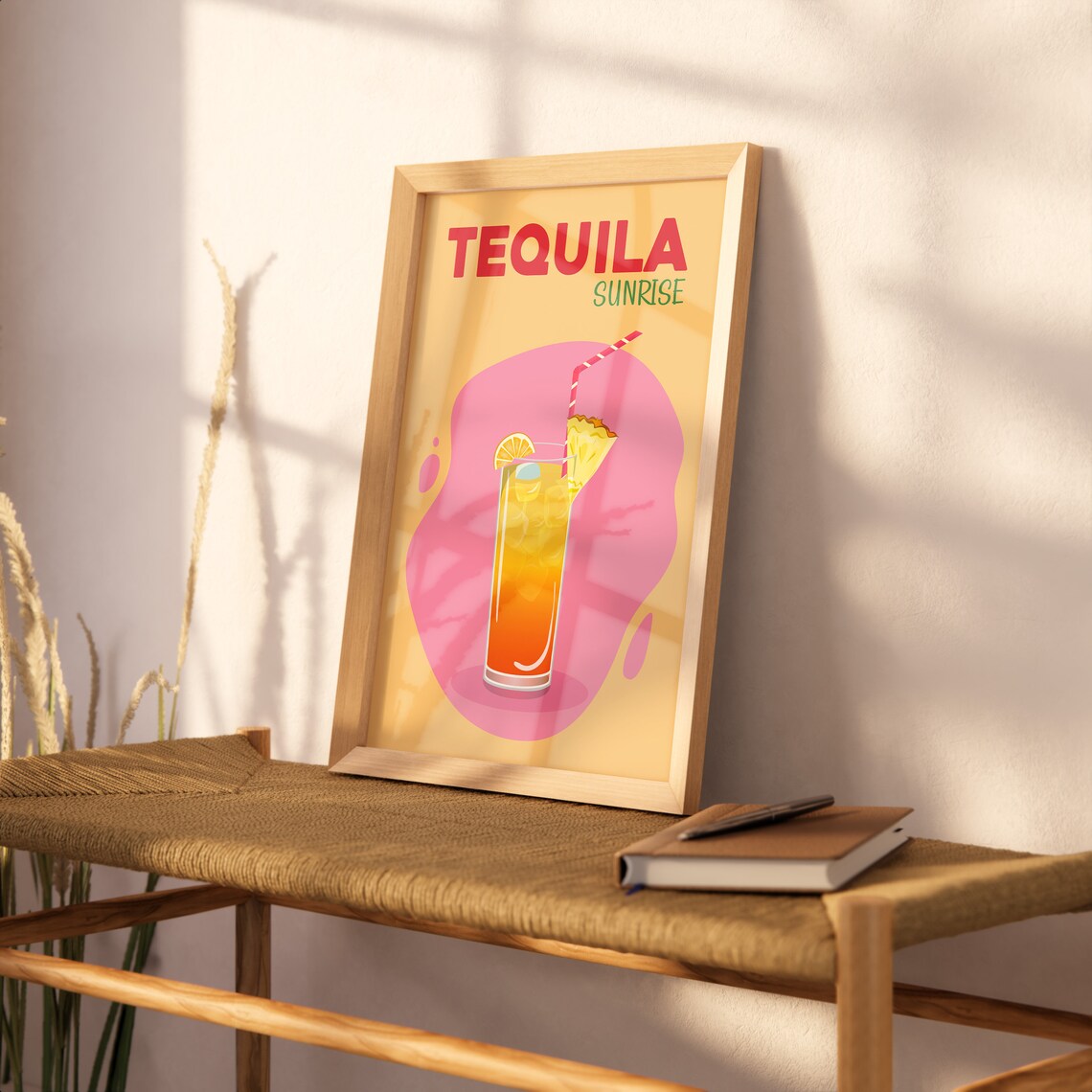 Tequila Sunrise Cocktail Retro Pink Yellow Bar Cart Drinks Poster - Image 3