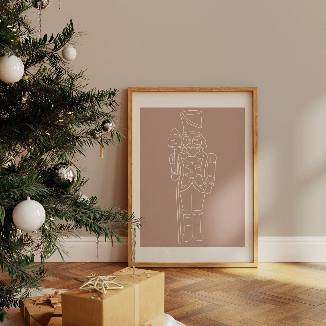 Minimalist Nutcracker White Line Art Brown Elegant Christmas Wall Art