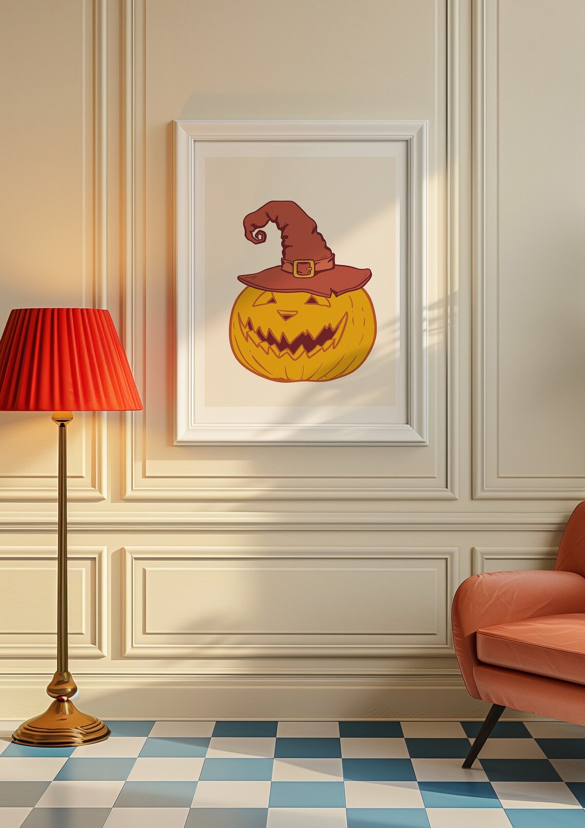 Jack O Lantern Wearing Witch Hat Cute Halloween Pumpkin Cartoon Wall Art Print - Image 2