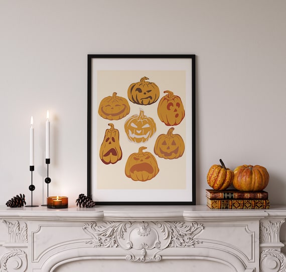 Funny Jack O Lantern Faces Pumpkin Grid Retro Halloween Kids Wall Art Print
