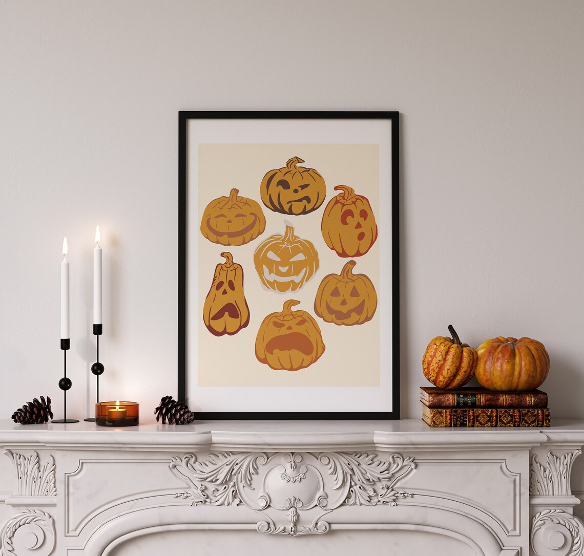Funny Jack O Lantern Faces Pumpkin Grid Retro Halloween Kids Wall Art Print