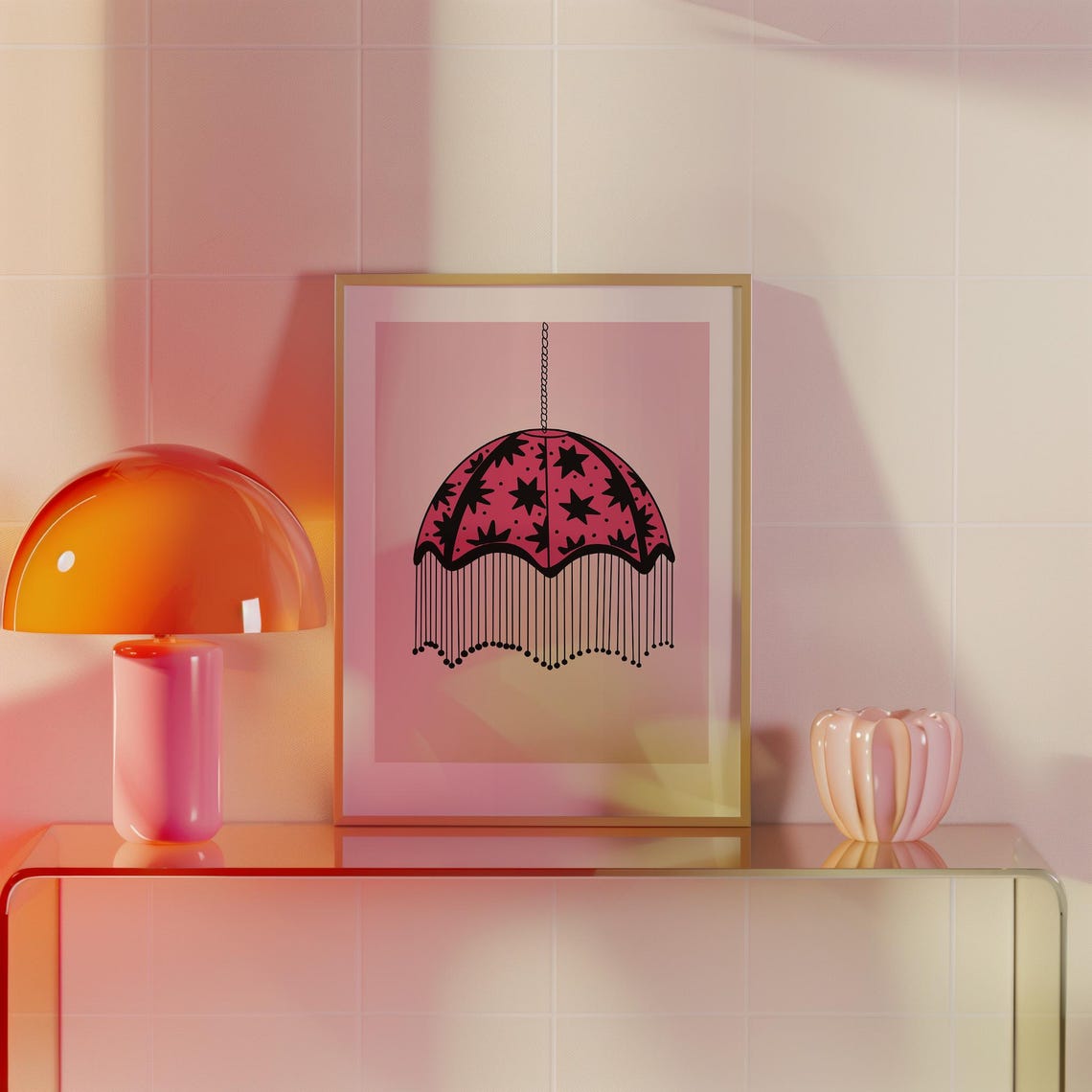 Pink Star Pendant Lamp Boho Fringe Hanging Light Illustration Poster - Image 2