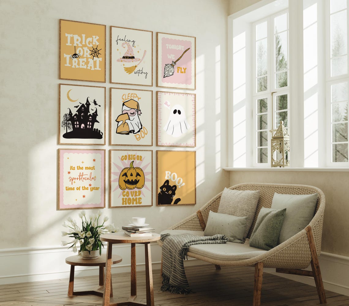 Halloween Wall Art Set Spooky Cute Ghost Prints Witch And Haunted House Decor Pumpkin Halloween Wall Decor Seasonal Art Prints