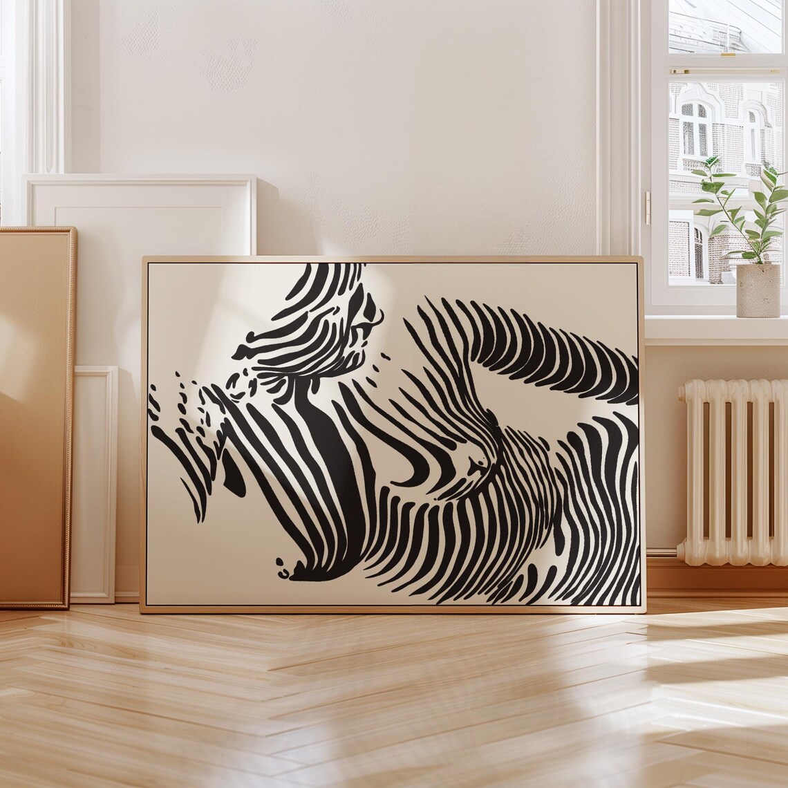 Reclining Woman Figure Wavy Black Line Art Beige Modern Abstract Print - Image 3