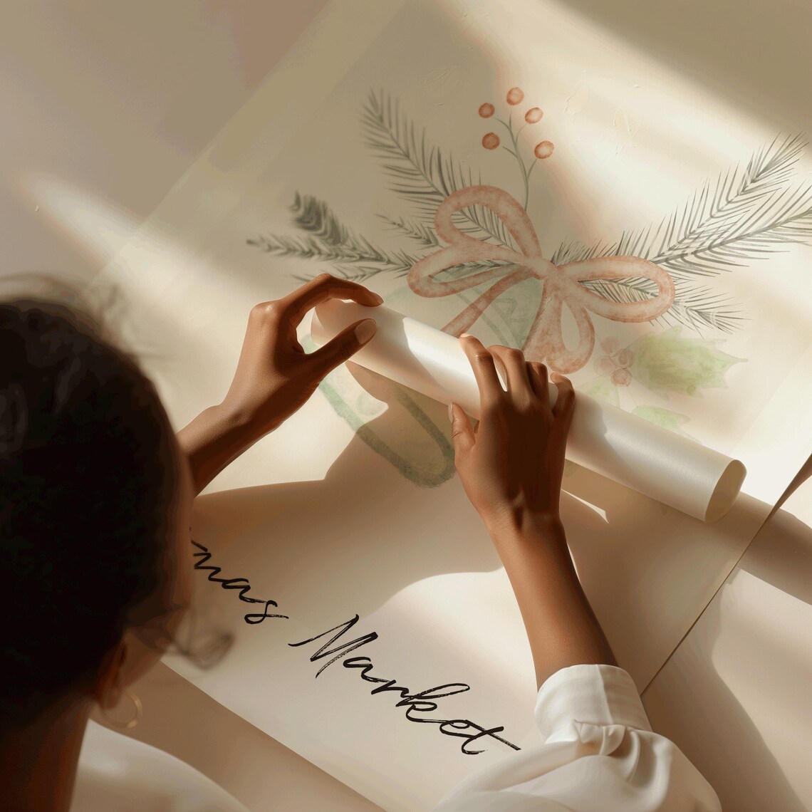 Christmas Market Watercolor Bell Pink Bow Pine Botanical Holiday Print - Image 4